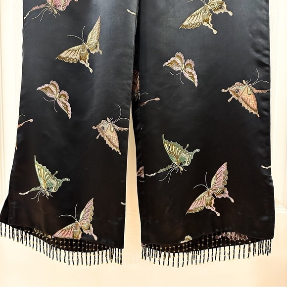 Vintage Black Satin Butterfly Embroidered Beaded Fringe high Waist Pant - Picture 2 of 6
